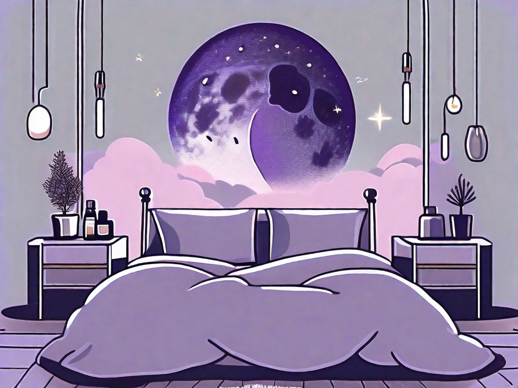 A night sky with a silhouette of a bed