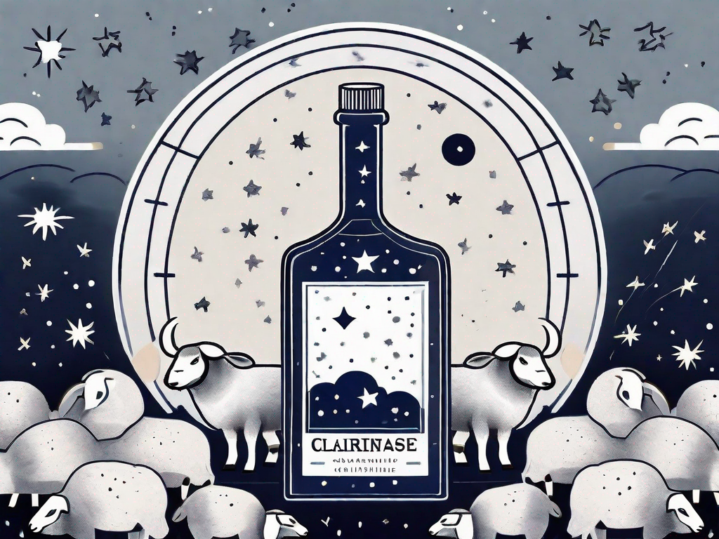 A bottle of clarinase medicine surrounded by symbols of night like the moon and stars