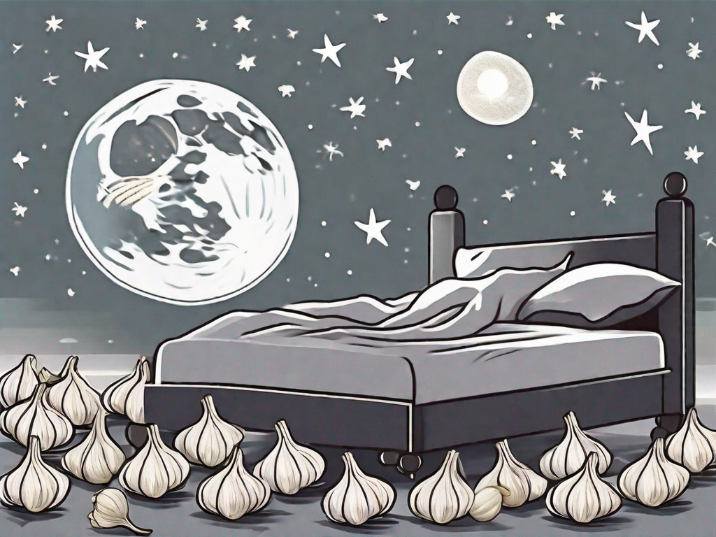 A bed surrounded by garlic cloves with a moon and stars in the background