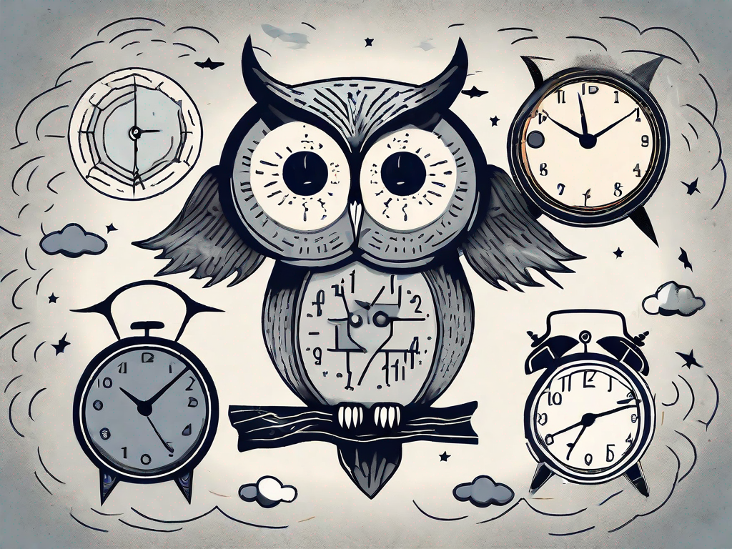 Various symbolic representations of common sleep disorders such as a wide-eyed owl for insomnia