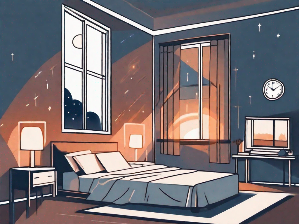A bedroom scene at night with a bed