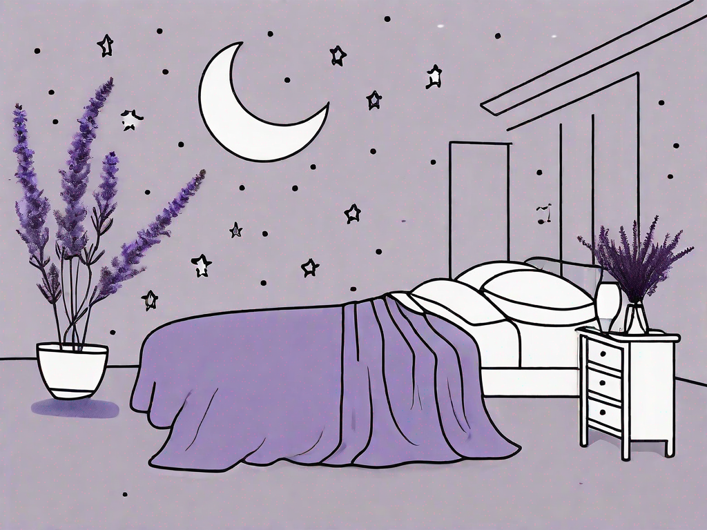 A night scene featuring a bed with a moon and stars above it