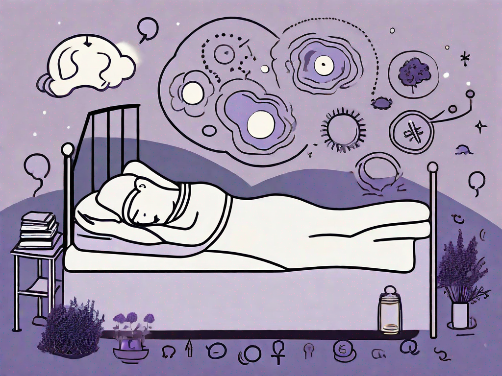 A restless bed surrounded by thought bubbles filled with various symbols (like sheep