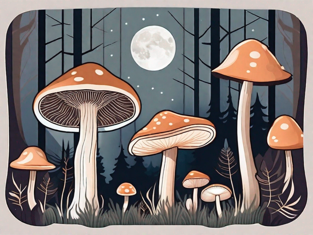 Various types of mushrooms in a serene