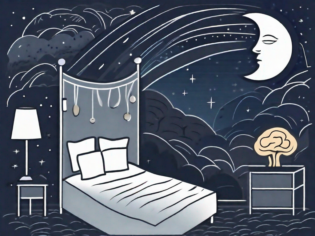 A dark night sky with a moon surrounded by symbolic elements like a bed and a brain