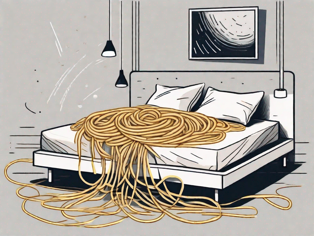 A bed tangled in spaghetti to symbolize the connection between carbohydrates and sleep disorders