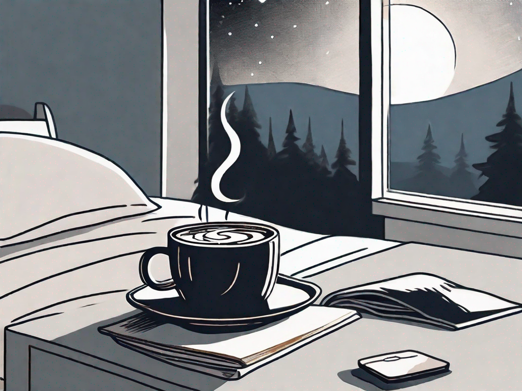A steaming coffee cup sitting on a nightstand next to a bed with a moonlit window in the background