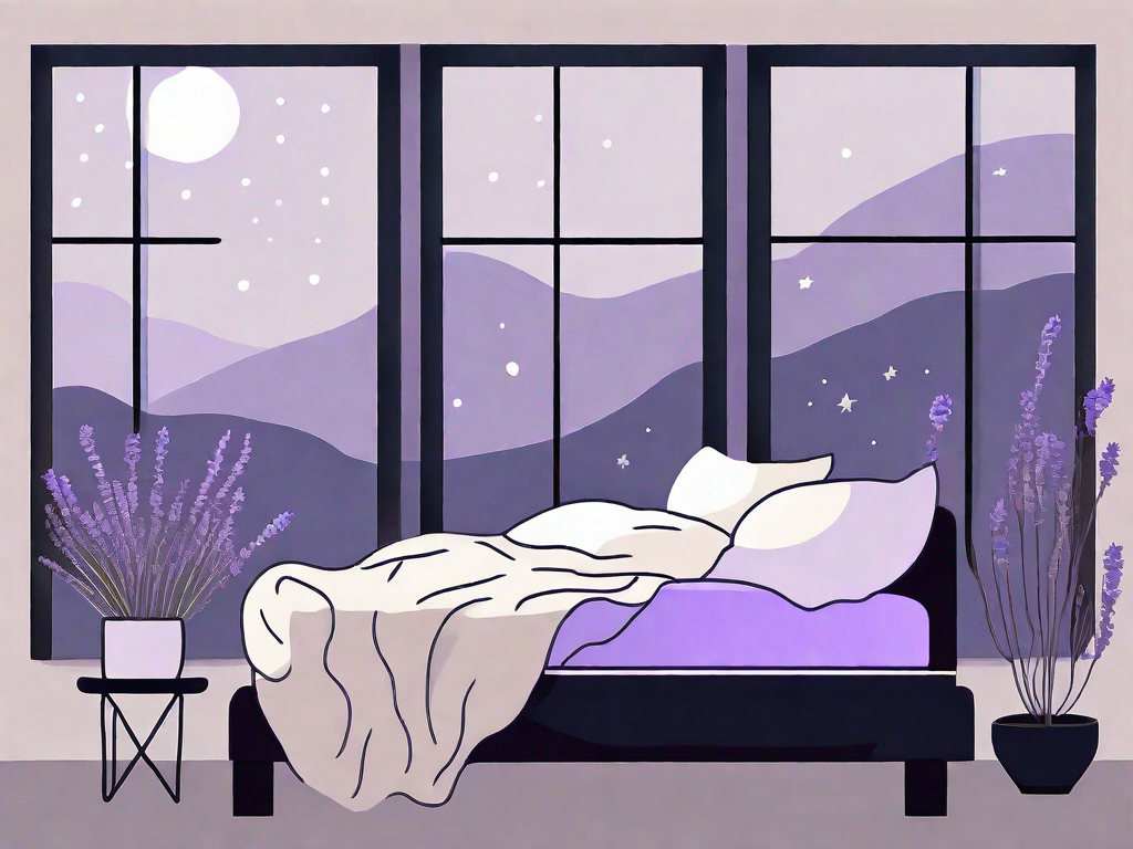 A serene bedroom environment with elements like a lavender plant