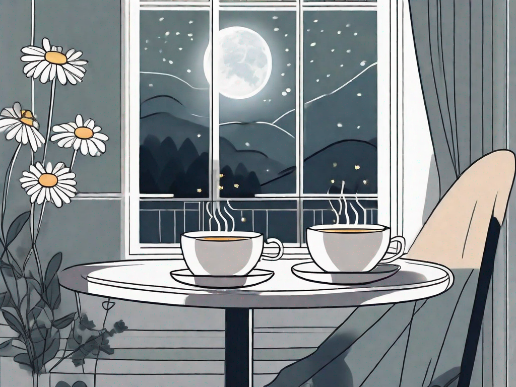 A calming nighttime scene with a steaming cup of chamomile tea on a table
