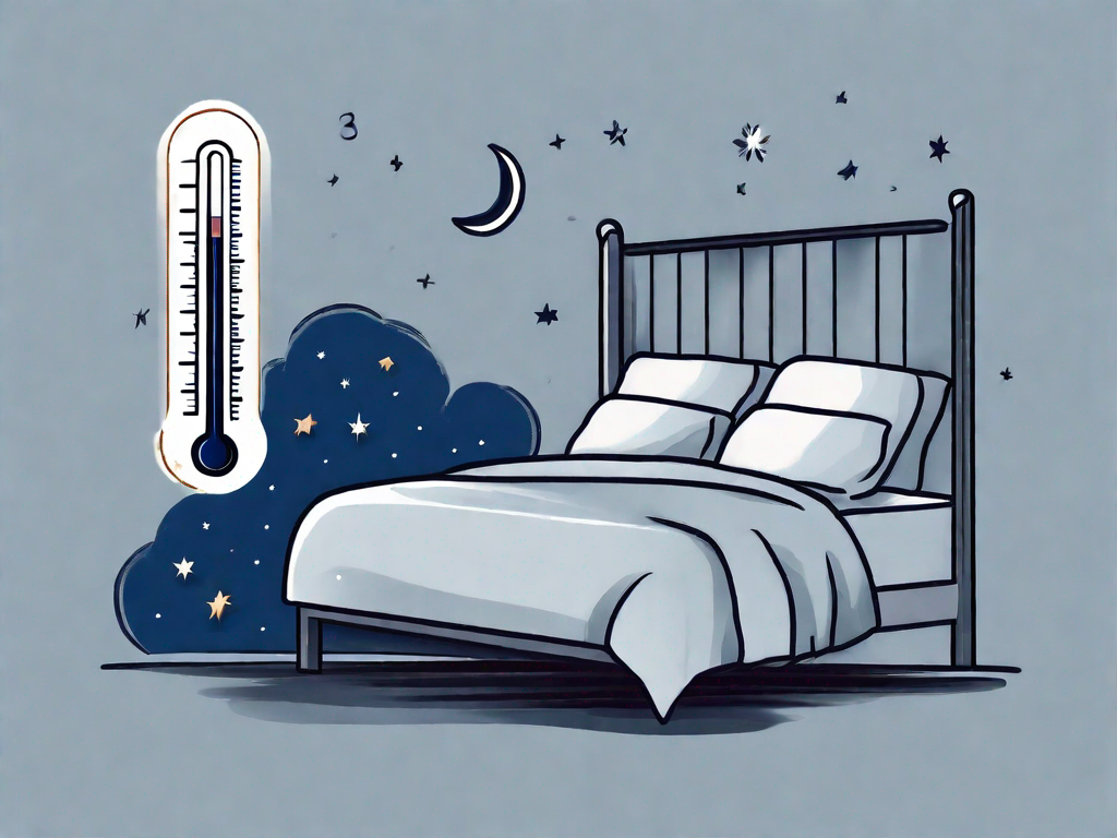 A thermometer showing a high temperature next to a bed with a sleepless night theme