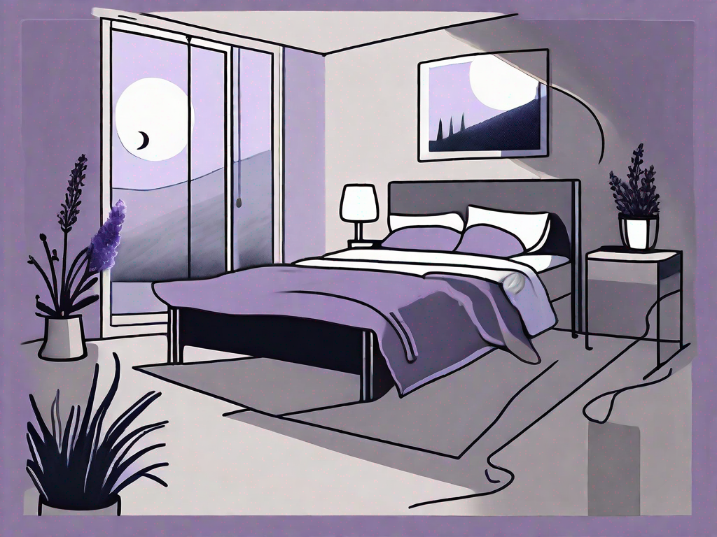 A bed in a dimly lit room with a moon visible through the window