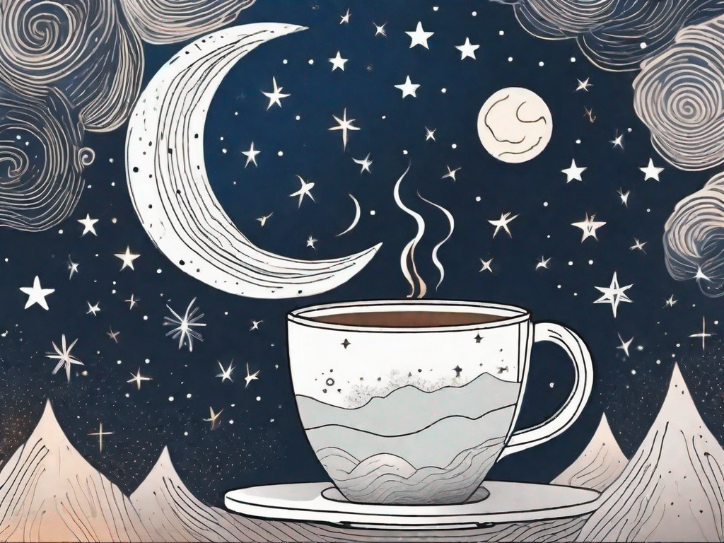 A steaming cup of coffee juxtaposed with a night sky filled with stars and a moon