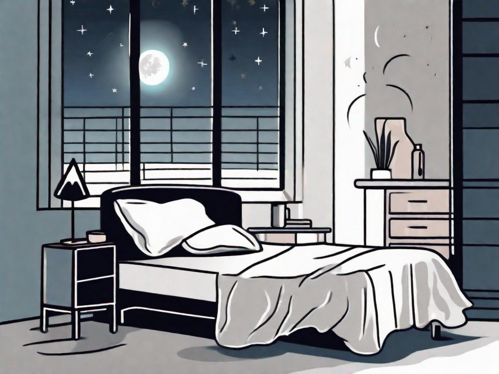 A bed with a bottle of sleeping pills on the nightstand