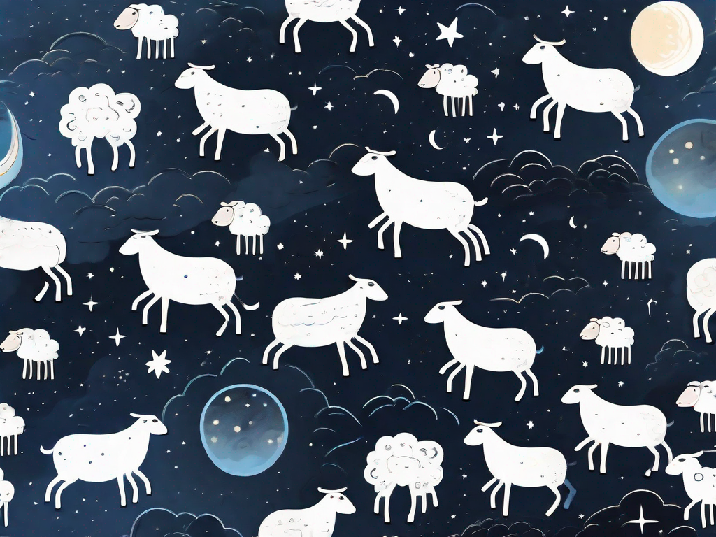 A night sky filled with sheep jumping over a moon