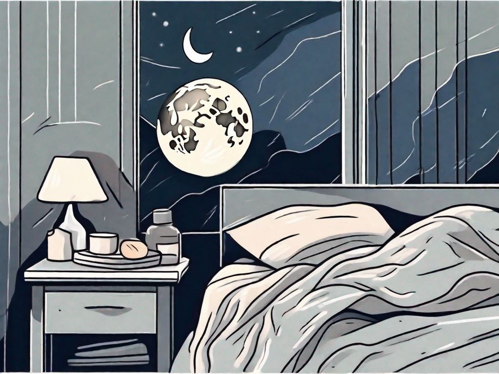 A bed with crumpled sheets and a box of tissues on the nightstand