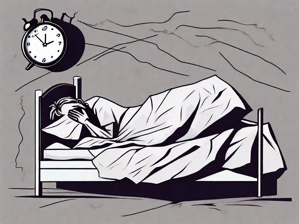 A restless bed with crumpled sheets and a clock showing midnight