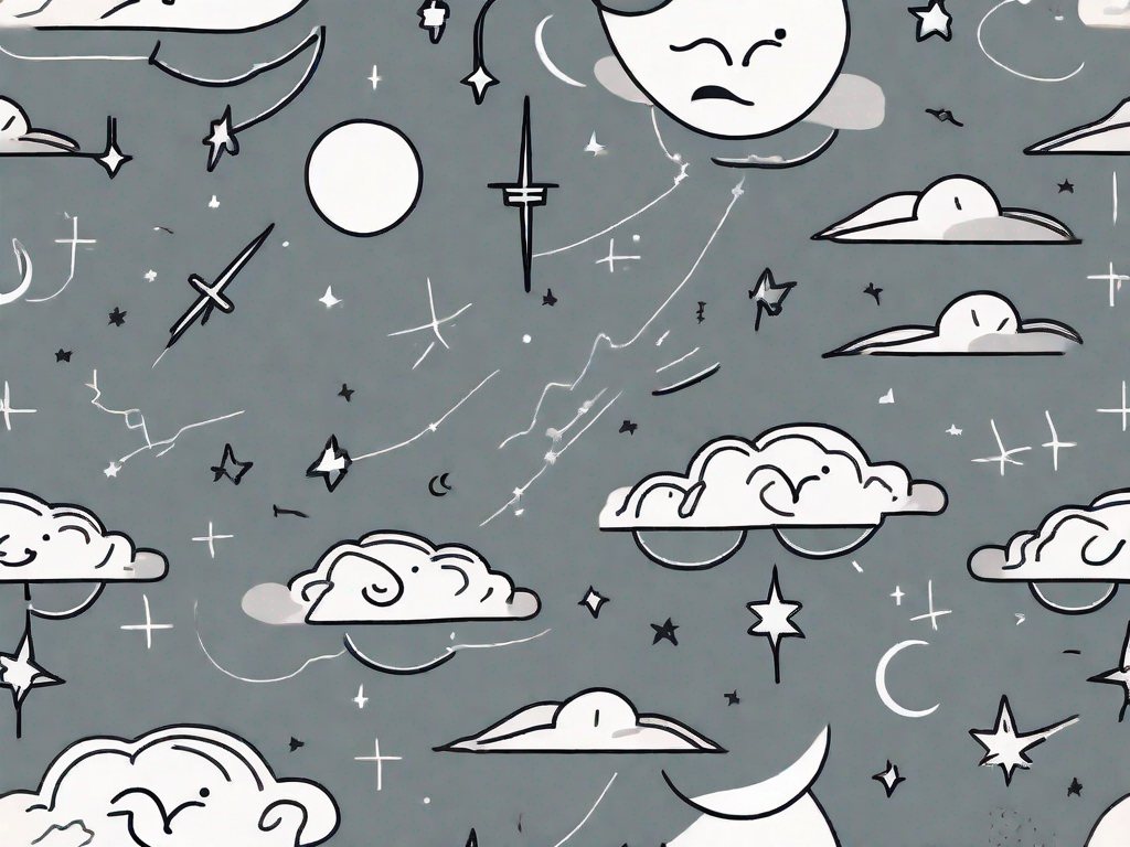 A bed with disheveled sheets surrounded by various symbols of night time