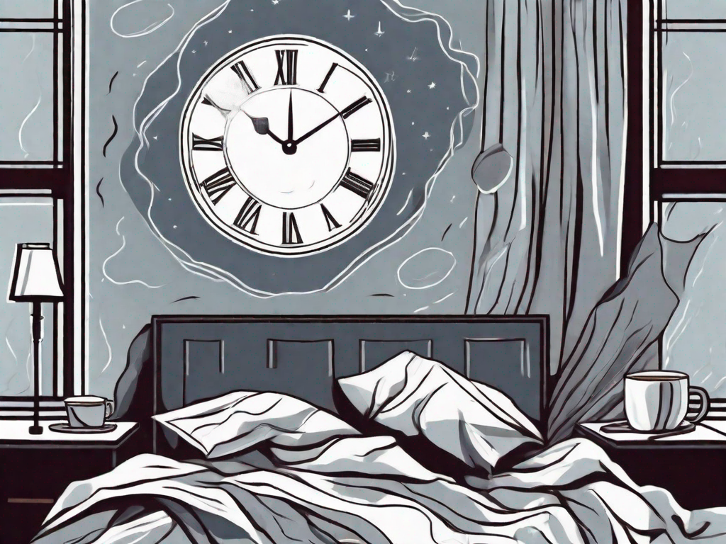 A restless bed with crumpled sheets in a moonlit room