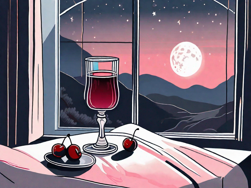 A glass of sour cherry juice placed on a nightstand next to a bed with moonlight streaming in through a window