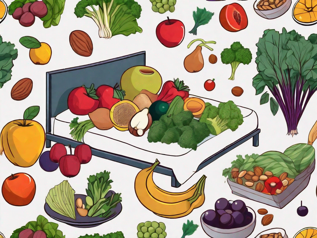 A bed with various types of healthy foods such as fruits