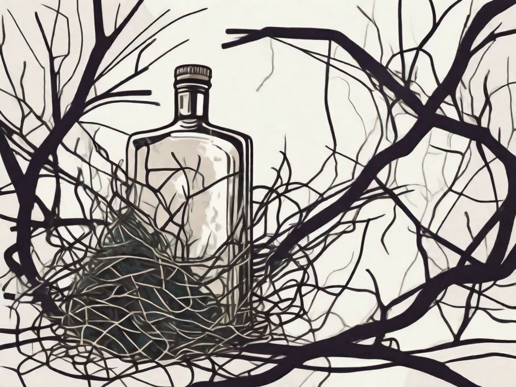 A bottle of alcohol and a bed tangled in thorny vines