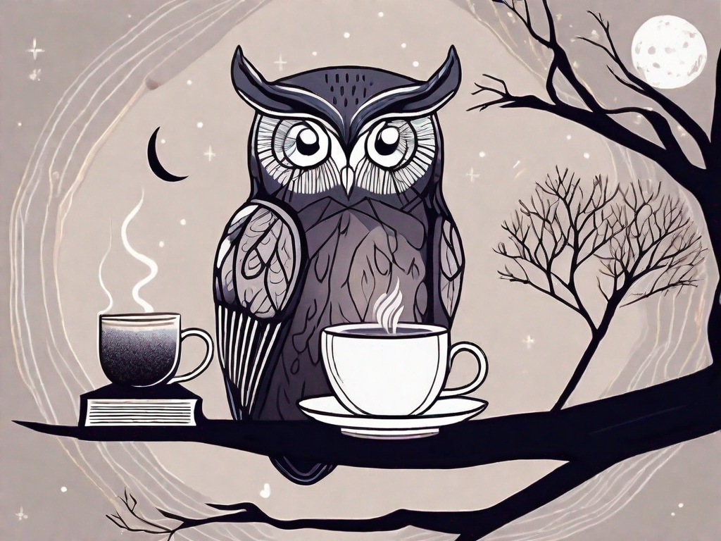 A night scene with a wide-awake owl sitting on a moonlit tree branch