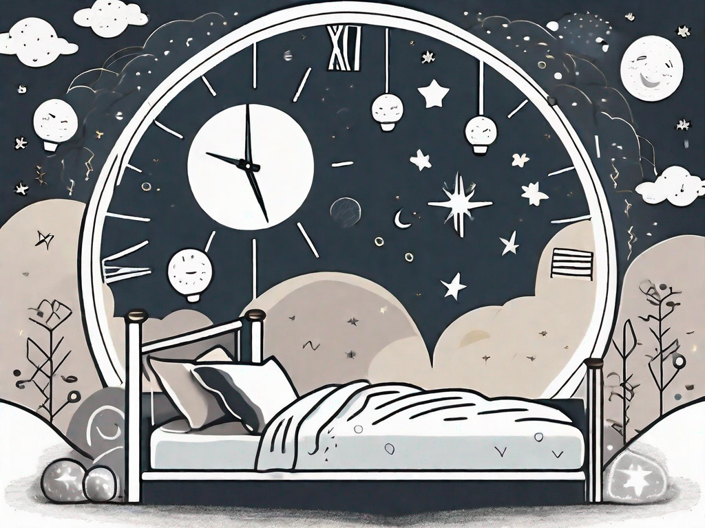A bed surrounded by thought bubbles filled with various symbols (like a clock