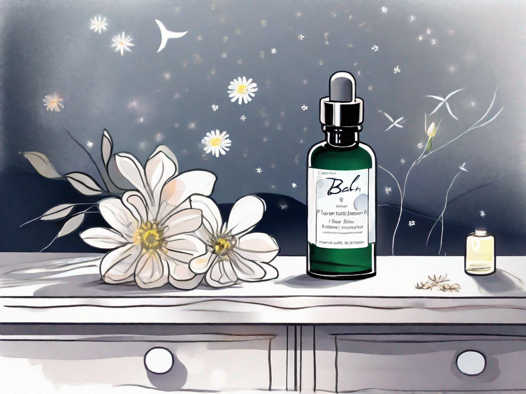 A serene night scene with a bottle of bach flower remedies on a bedside table