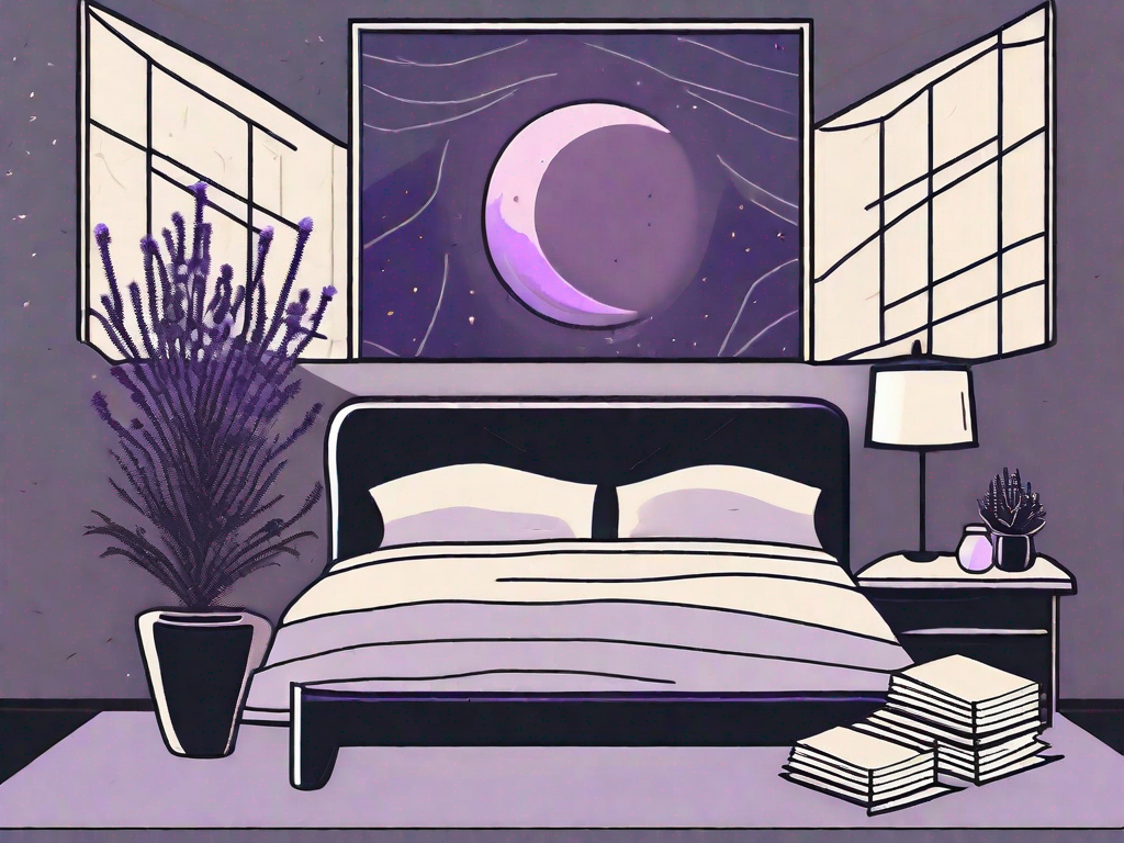 A dark bedroom with a moon shining through the window