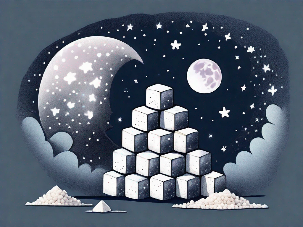 A pile of sugar cubes next to a night sky filled with stars and a moon