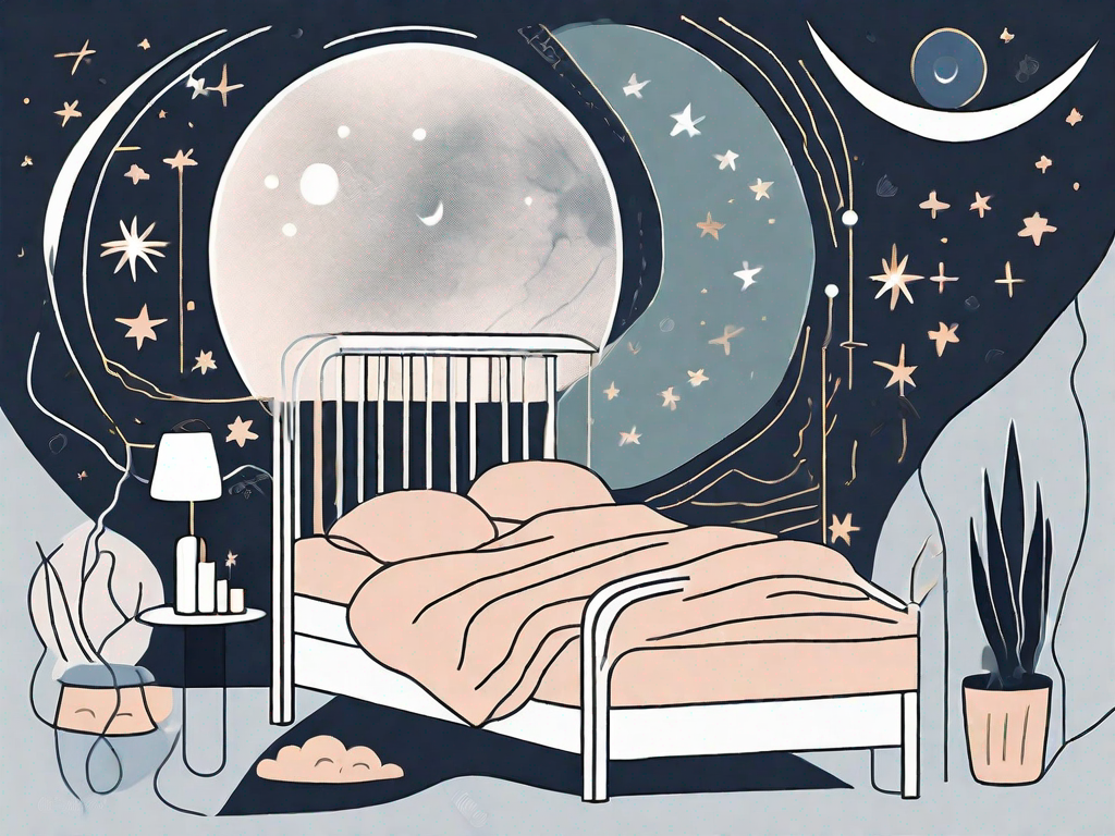 A restless bed surrounded by symbolic elements such as a moon