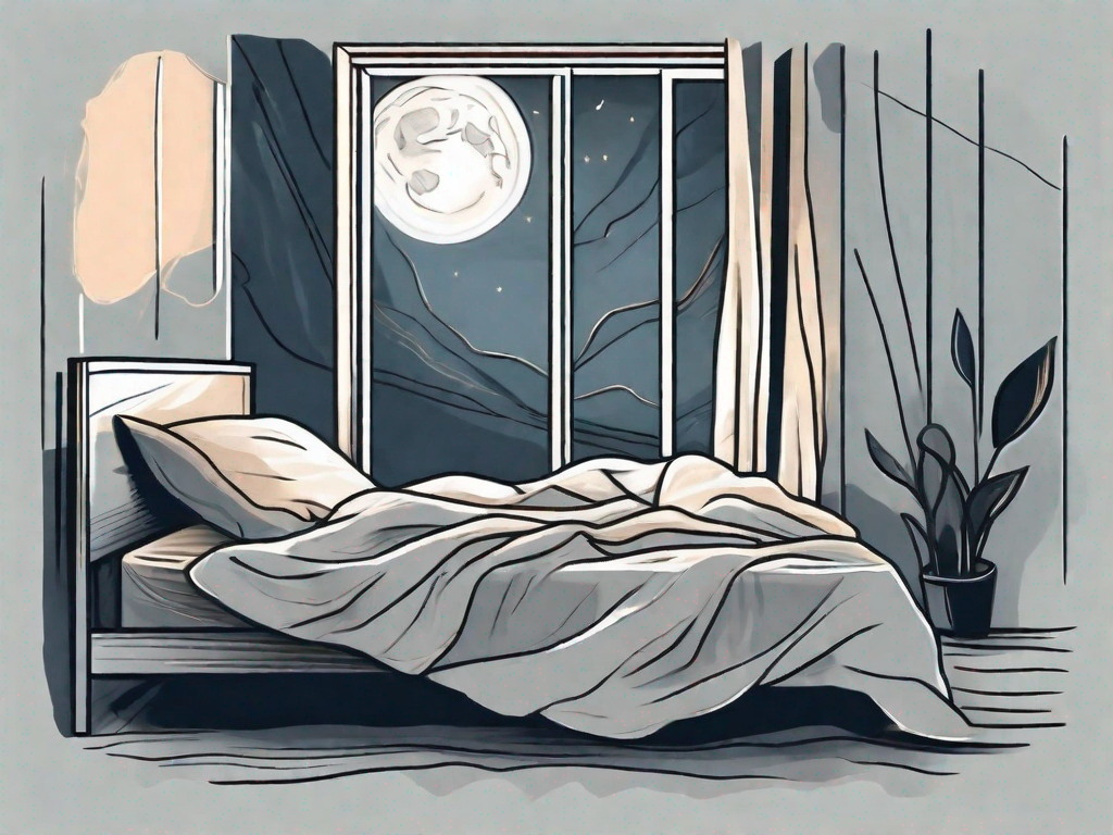 A disturbed bed with crumpled sheets and a glowing moon outside the window