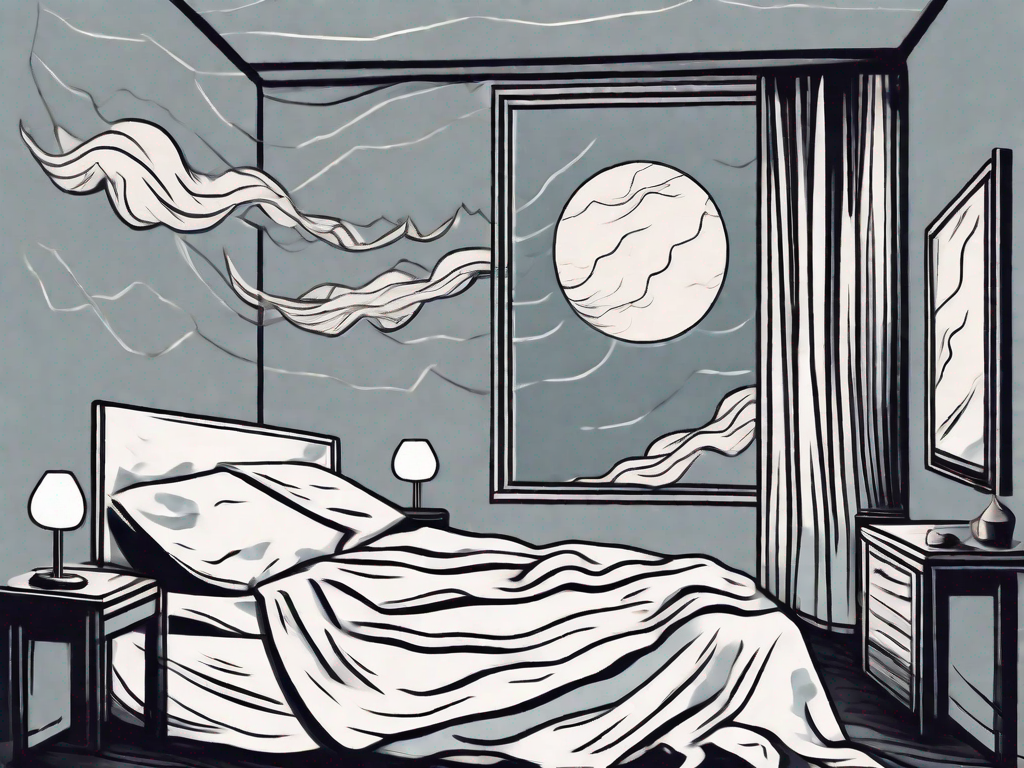 A restless bed with crumpled sheets in a moonlit room