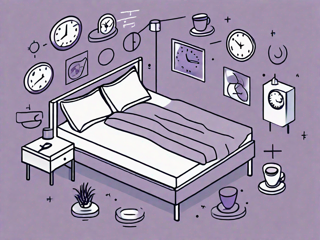 A bed surrounded by symbols of common causes of insomnia such as coffee cups