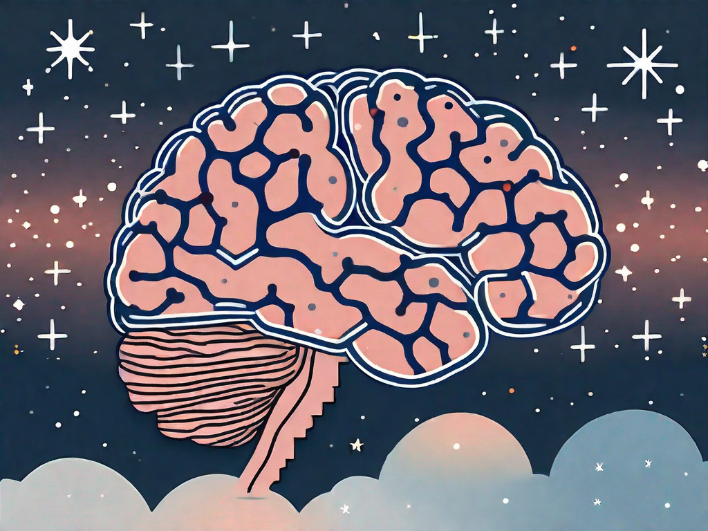 A brain with serotonin molecules and a night sky with stars and a moon