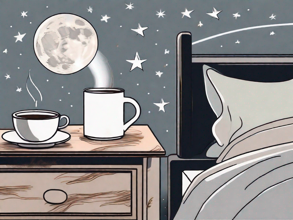 A steaming coffee cup on a nightstand next to a bed with a moon and stars in the background