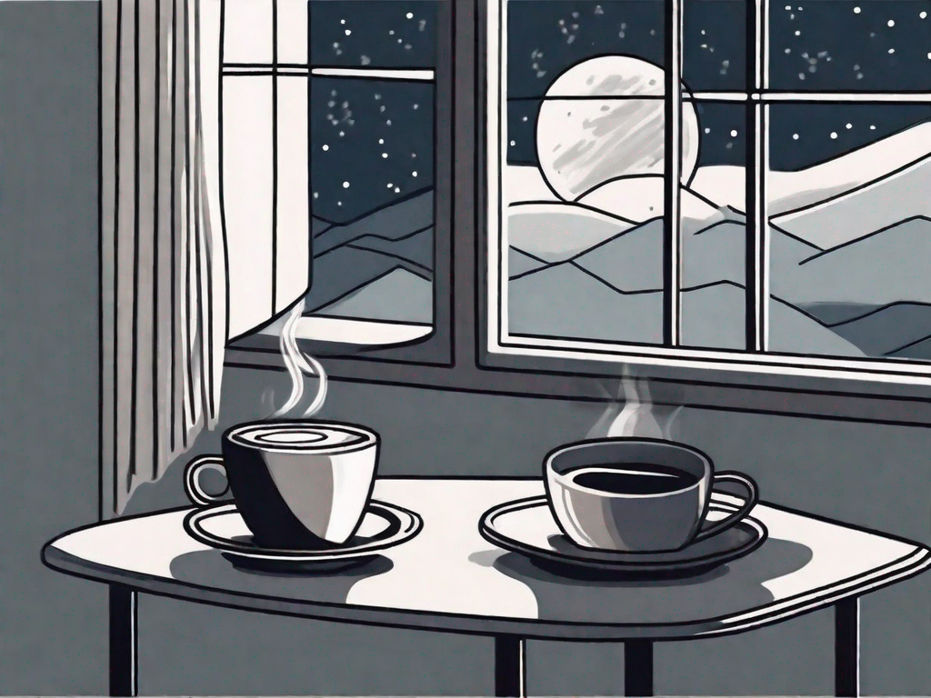 A steaming cup of coffee positioned on a nightstand next to a moonlit window