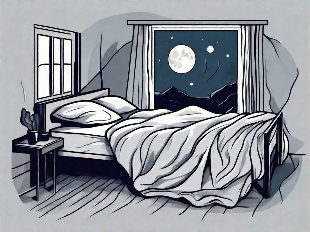 A restless bed with crumpled sheets and a moonlit window