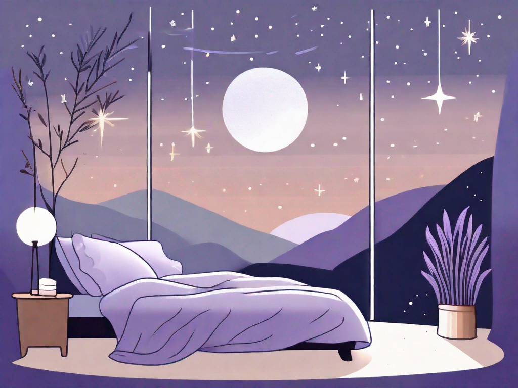 A peaceful night scene featuring a comfortable bed under a starry sky