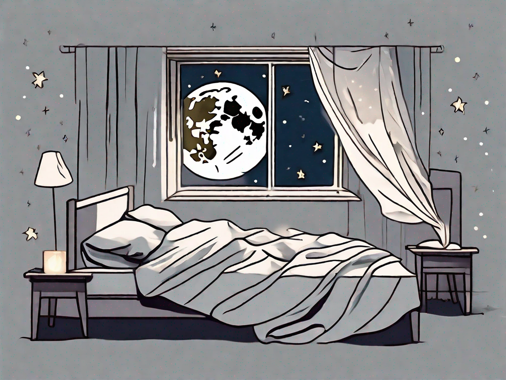 A restless bed with crumpled sheets in a dimly lit room