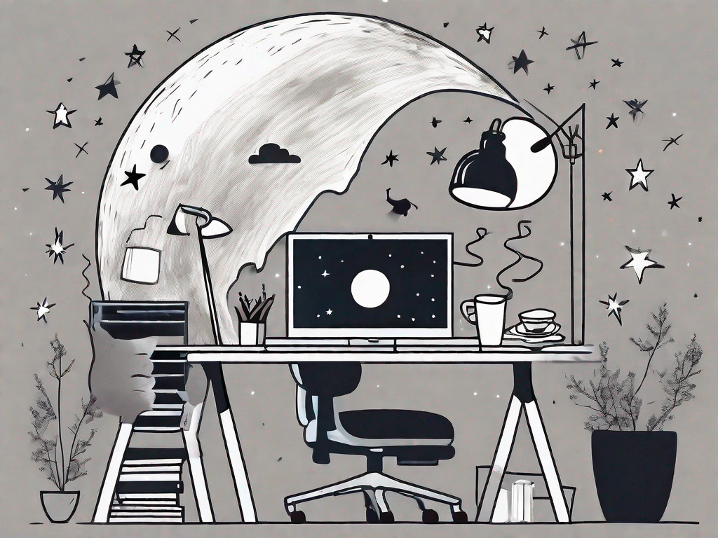 An office environment at night with a desk lamp on