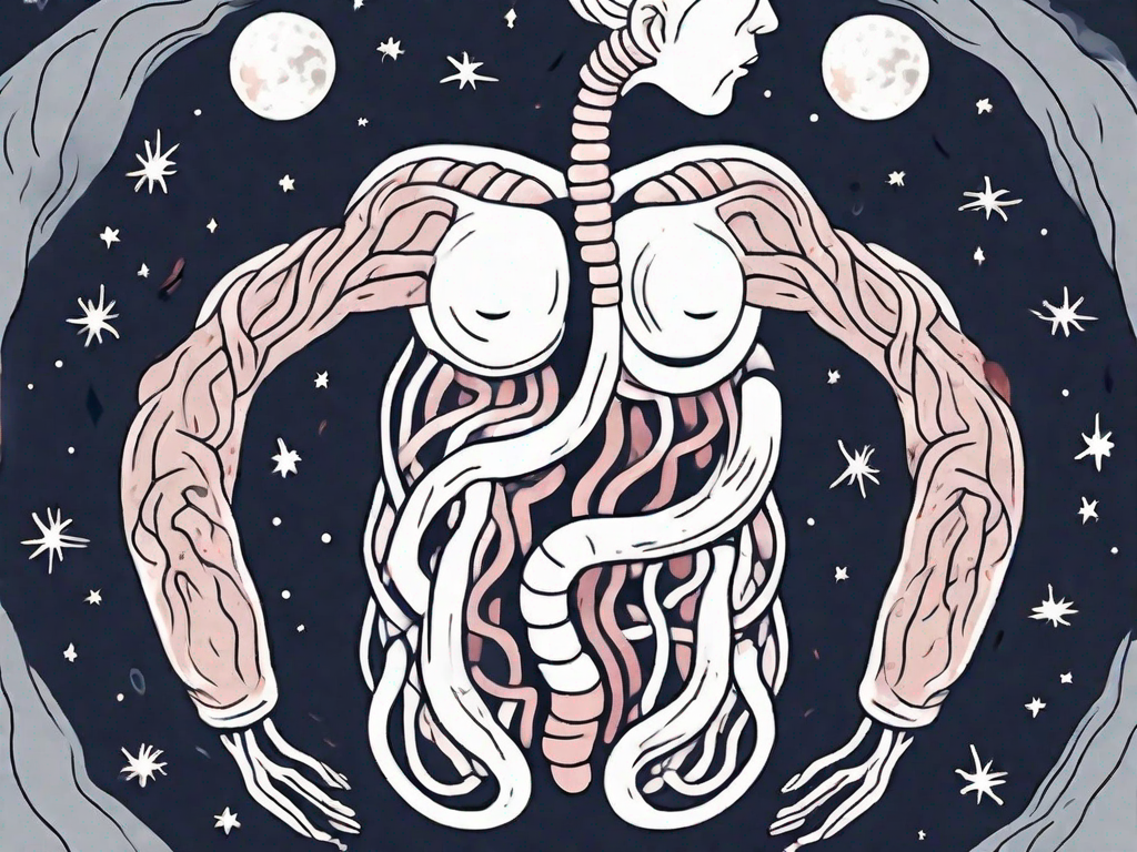 A distressed stomach and intestines tangled with a moon and stars to symbolize sleeplessness caused by digestive issues