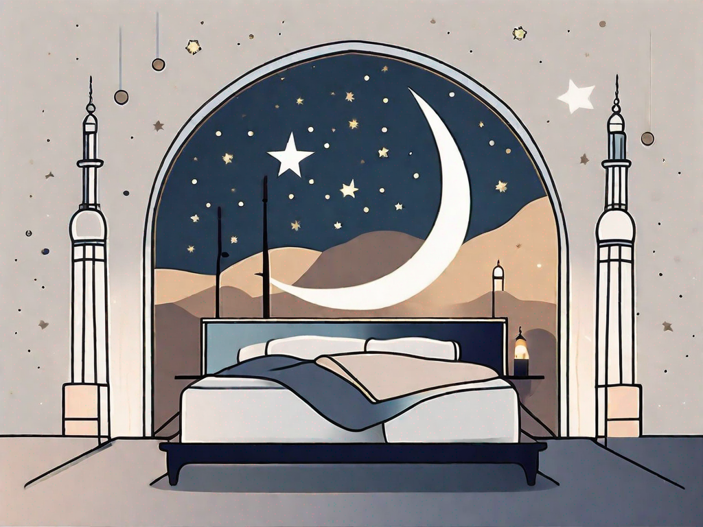 A peaceful night scene with a crescent moon and stars