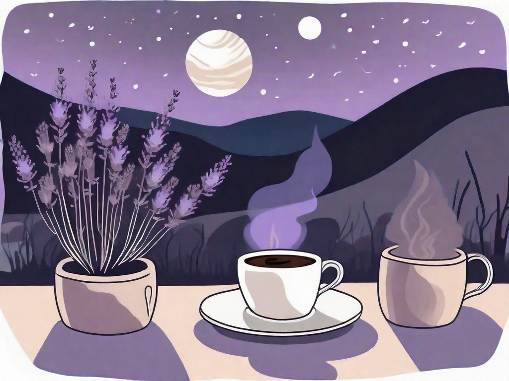 A steaming coffee cup on a table with a moonlit