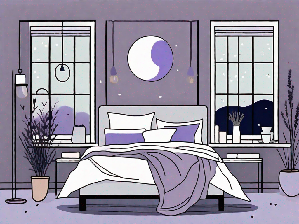 A peaceful bedroom scene at night with a moonlit window