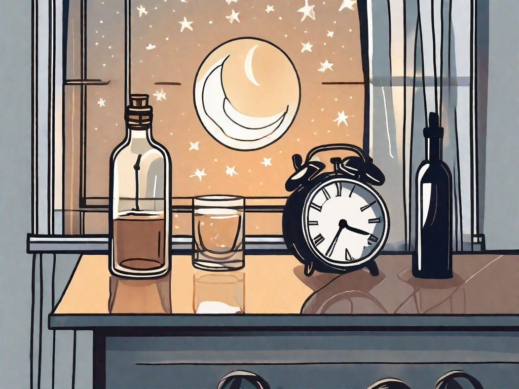 A bottle of alcohol next to a nightstand with a dimly lit lamp and a clock showing midnight