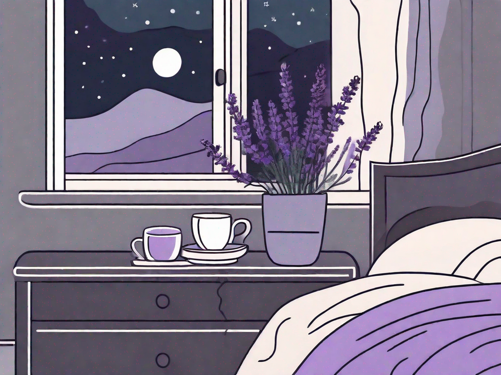 A serene bedroom environment with elements like a calming lavender plant