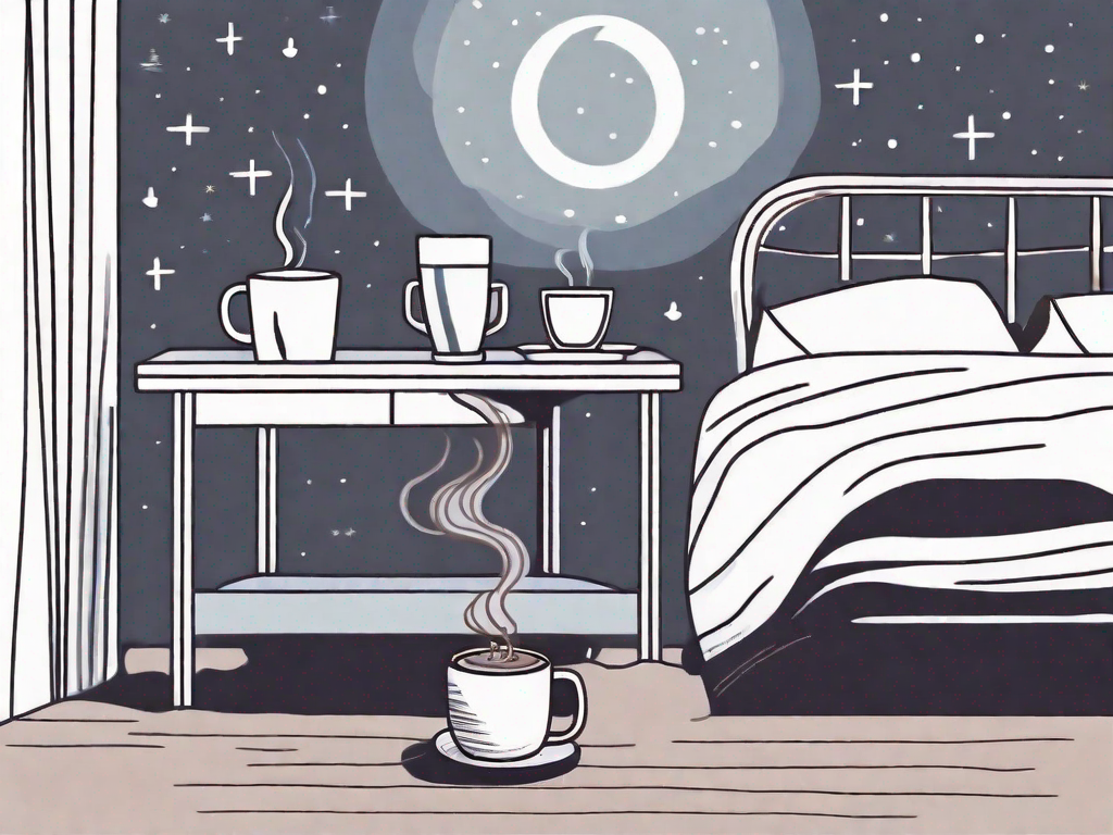 A steaming mug of cocoa placed on a nightstand next to a bed with a moonlight background