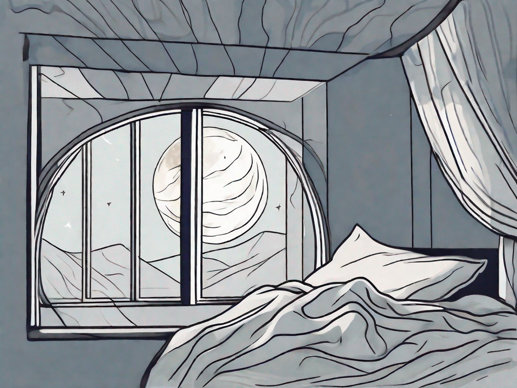 A restless bed with crumpled sheets and a moon visible through a window