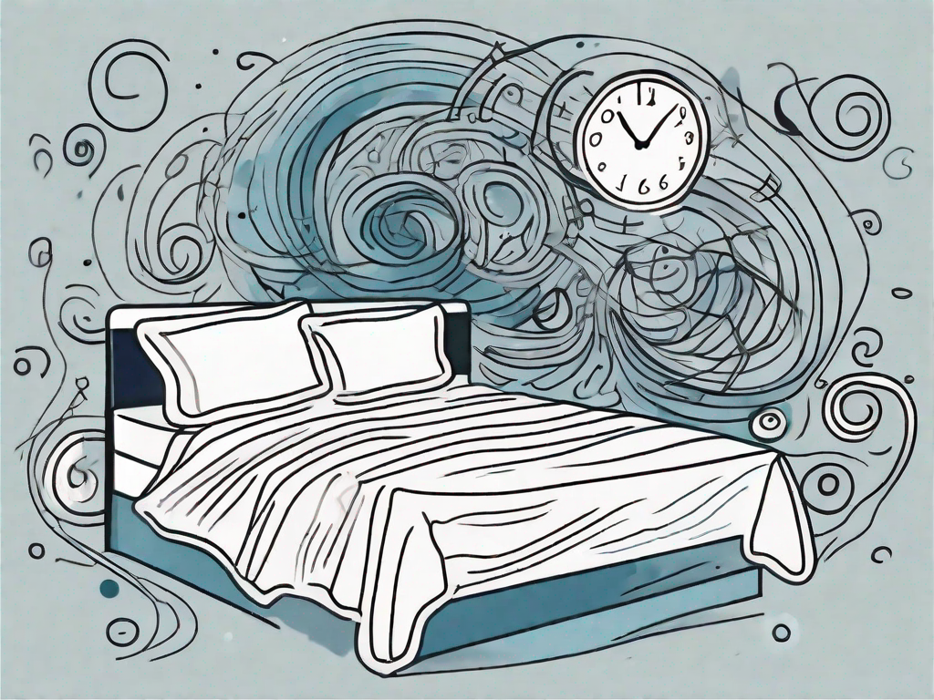 A bed surrounded by chaotic swirls and symbols representing thoughts